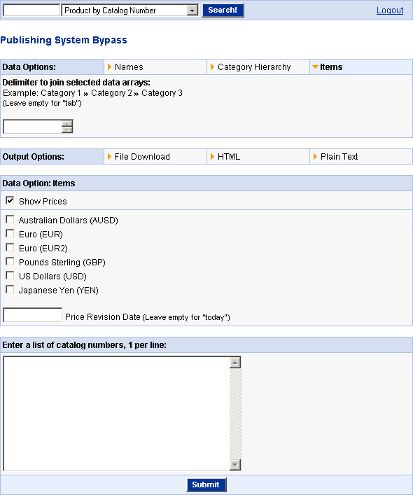 Data Options - Items with Prices