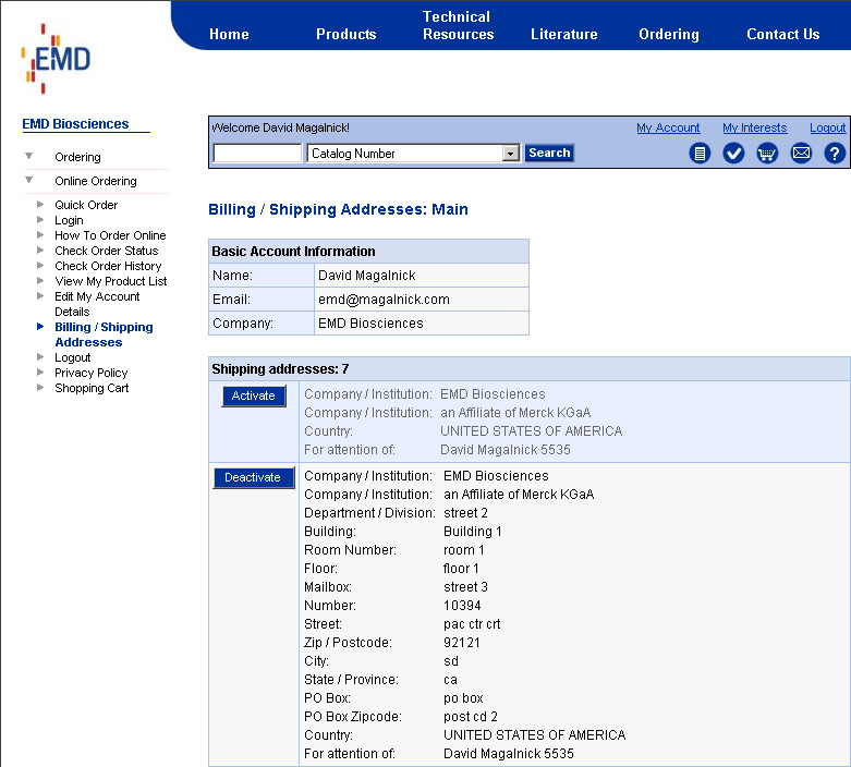 Billing / Shipping Addresses - Main Display