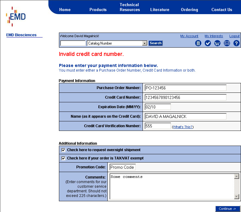 Billing Information - Bad Credit Card Number