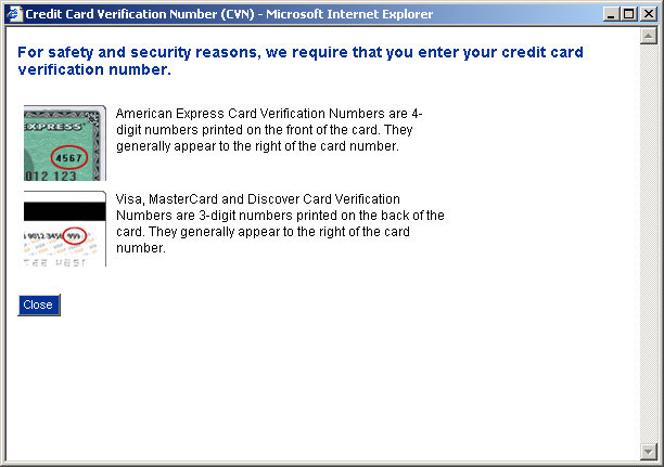 Credit Card Verification Number Popup